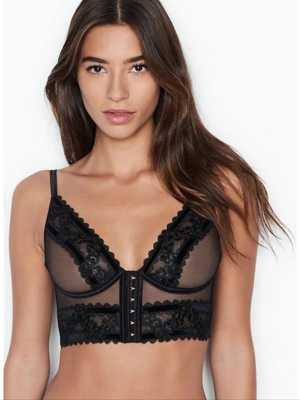 Victoria's Secret black sheer mesh, lace and velvet details longline bra